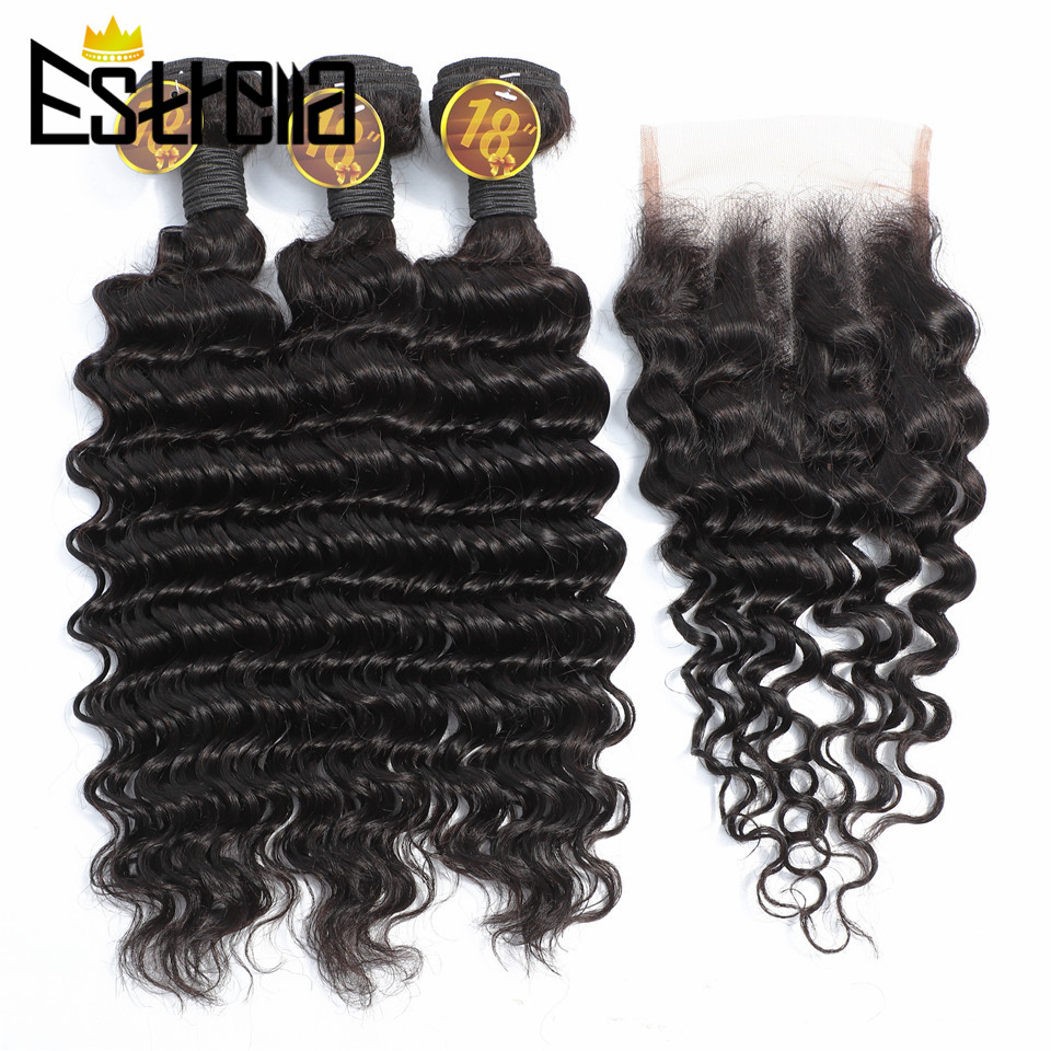 Deep Wave 3 Bundles With Closure - Fasci di capelli umani peruviani a